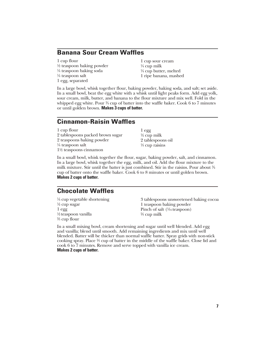 GE 106582, 840085700 manual Banana Sour Cream Waffles, Cinnamon-Raisin Waffles, Chocolate Waffles 