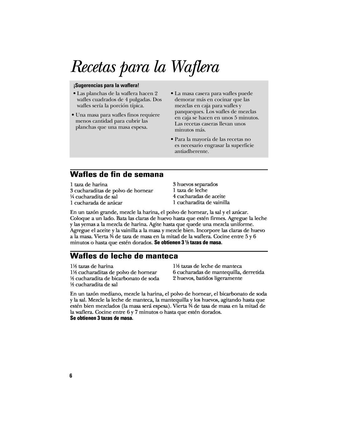 GE 840085700, 106582 manual Recetas para la Waflera, Wafles de fin de semana, Wafles de leche de manteca 