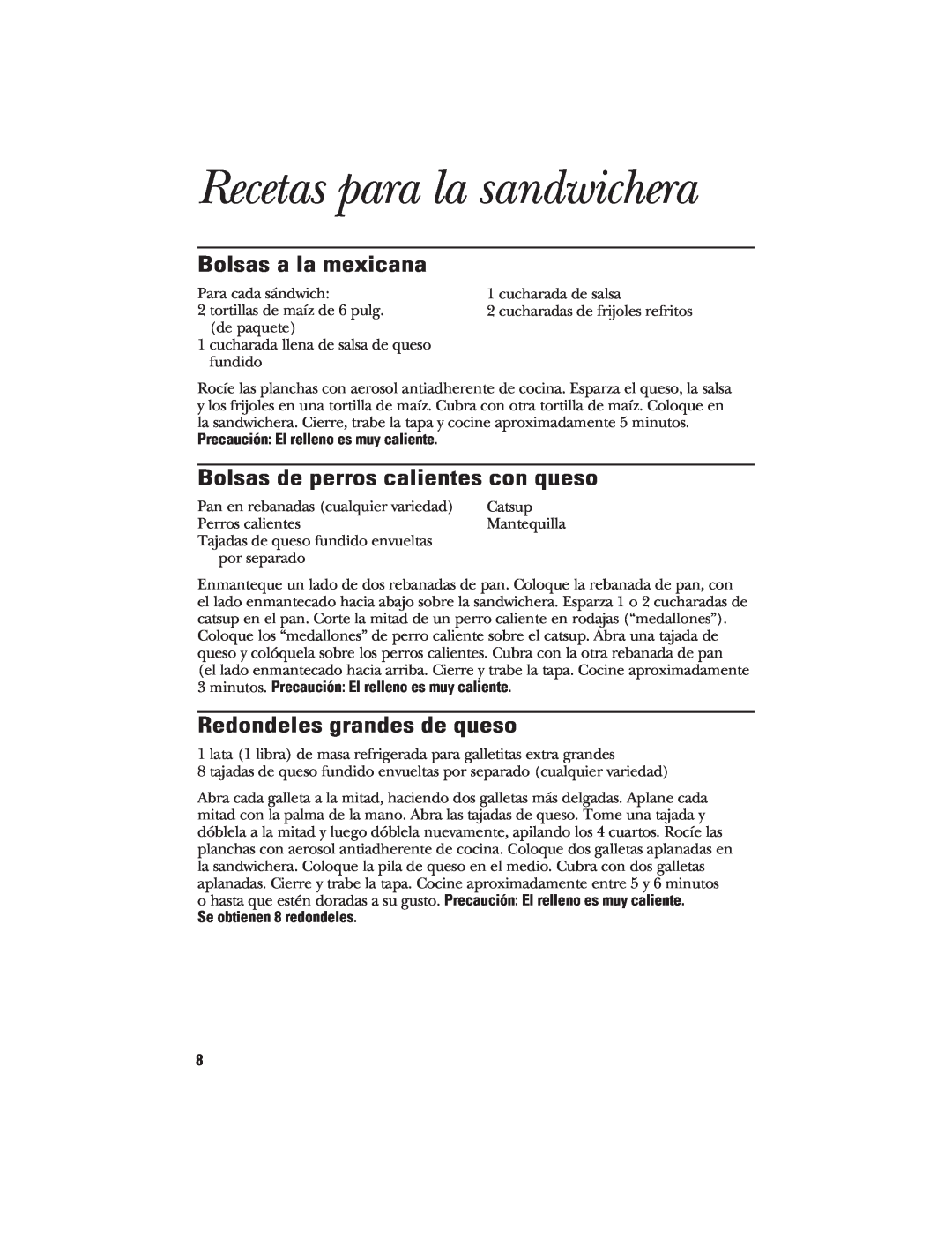GE 840085700, 106582 manual Recetas para la sandwichera, Bolsas a la mexicana, Bolsas de perros calientes con queso 