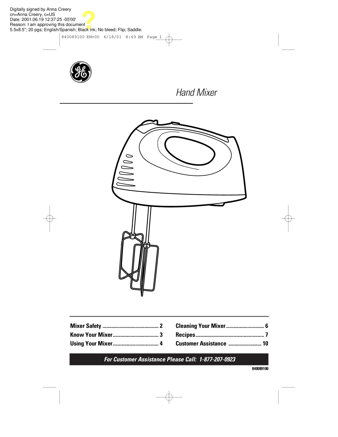 GE 840089100 manual Hand Mixer 