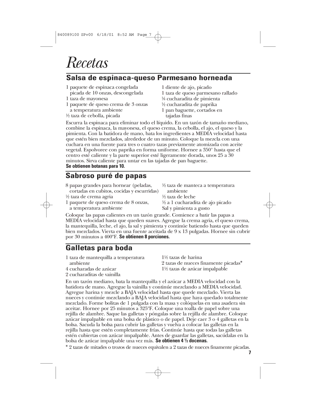 GE 840089100 manual Recetas, Salsa de espinaca-queso Parmesano horneada, Sabroso puré de papas, Galletas para boda 