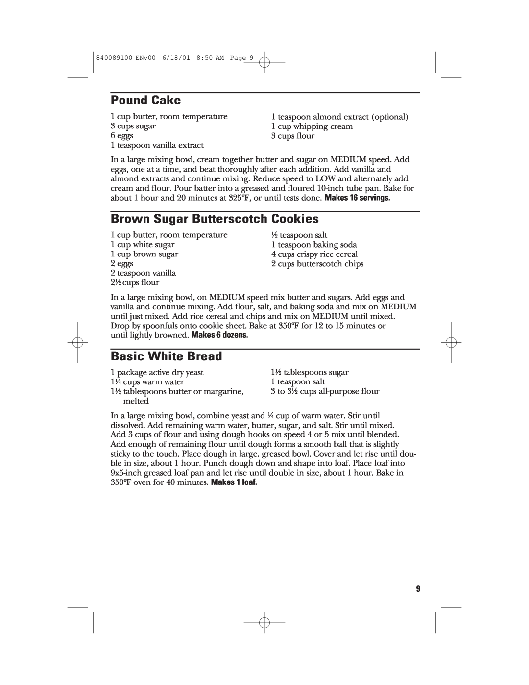 GE 840089100 manual Pound Cake, Brown Sugar Butterscotch Cookies, Basic White Bread 