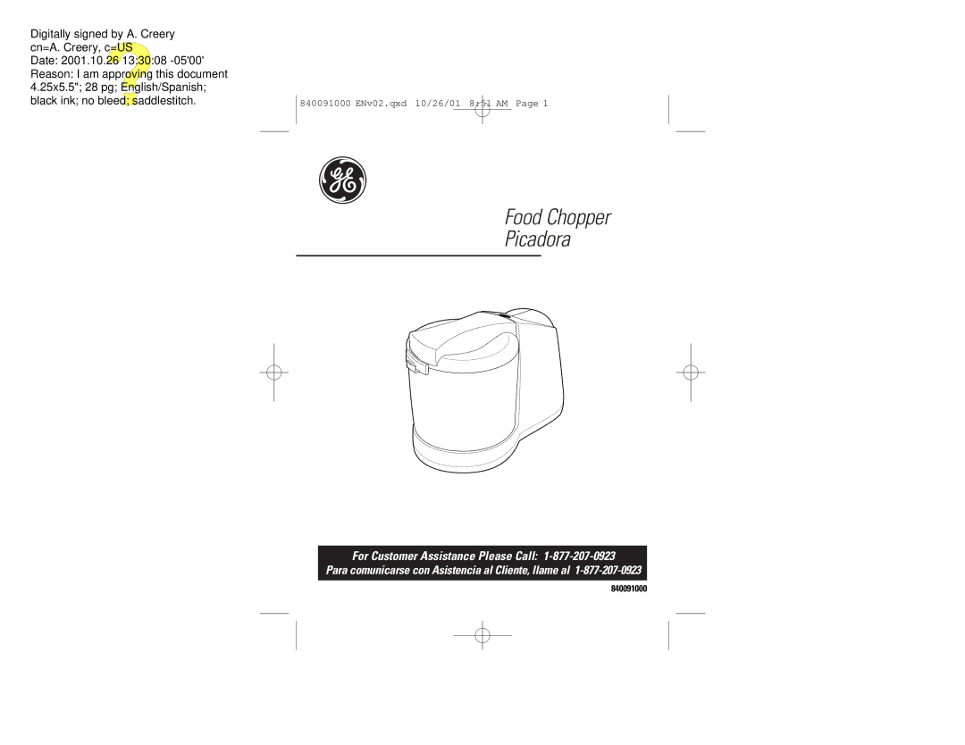 GE 106848, 840091000 manual Food Chopper Picadora 