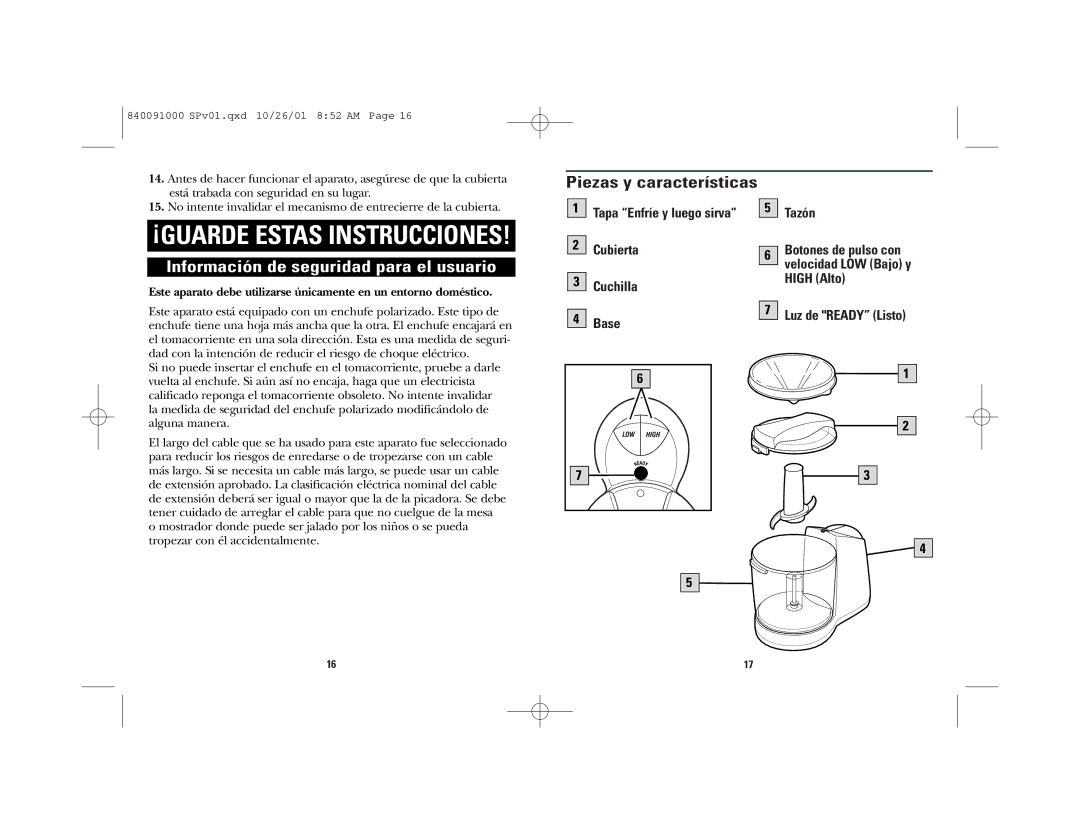 GE 840091000, 106848 manual ¡GUARDE Estas Instrucciones, Piezas y características 