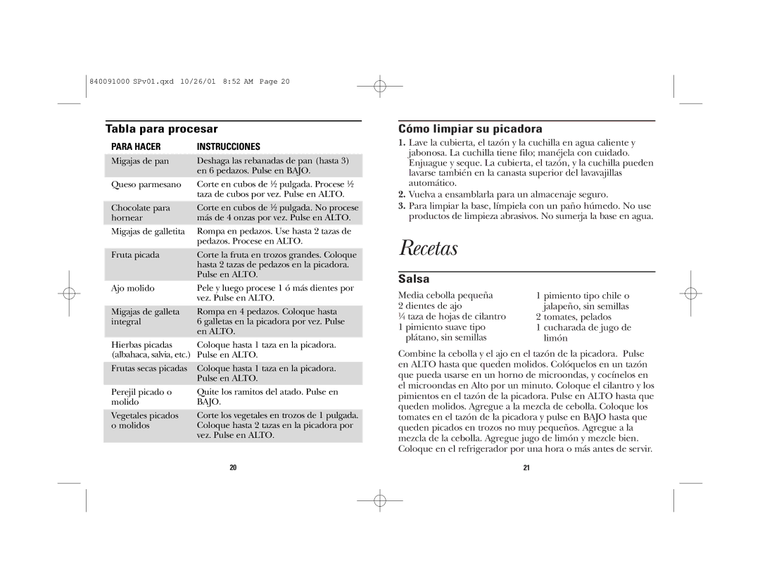 GE 840091000, 106848 manual Tabla para procesar, Cómo limpiar su picadora 