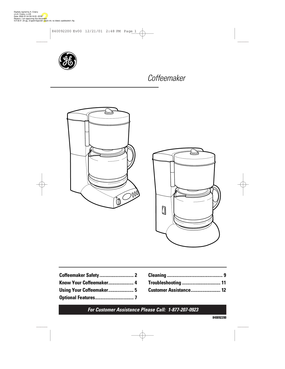 GE 106721, 840092200 manual Coffeemaker 