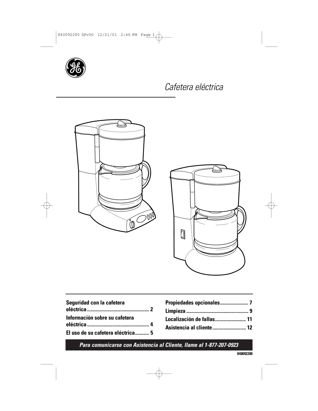 GE 106721, 840092200 manual Cafetera eléctrica 