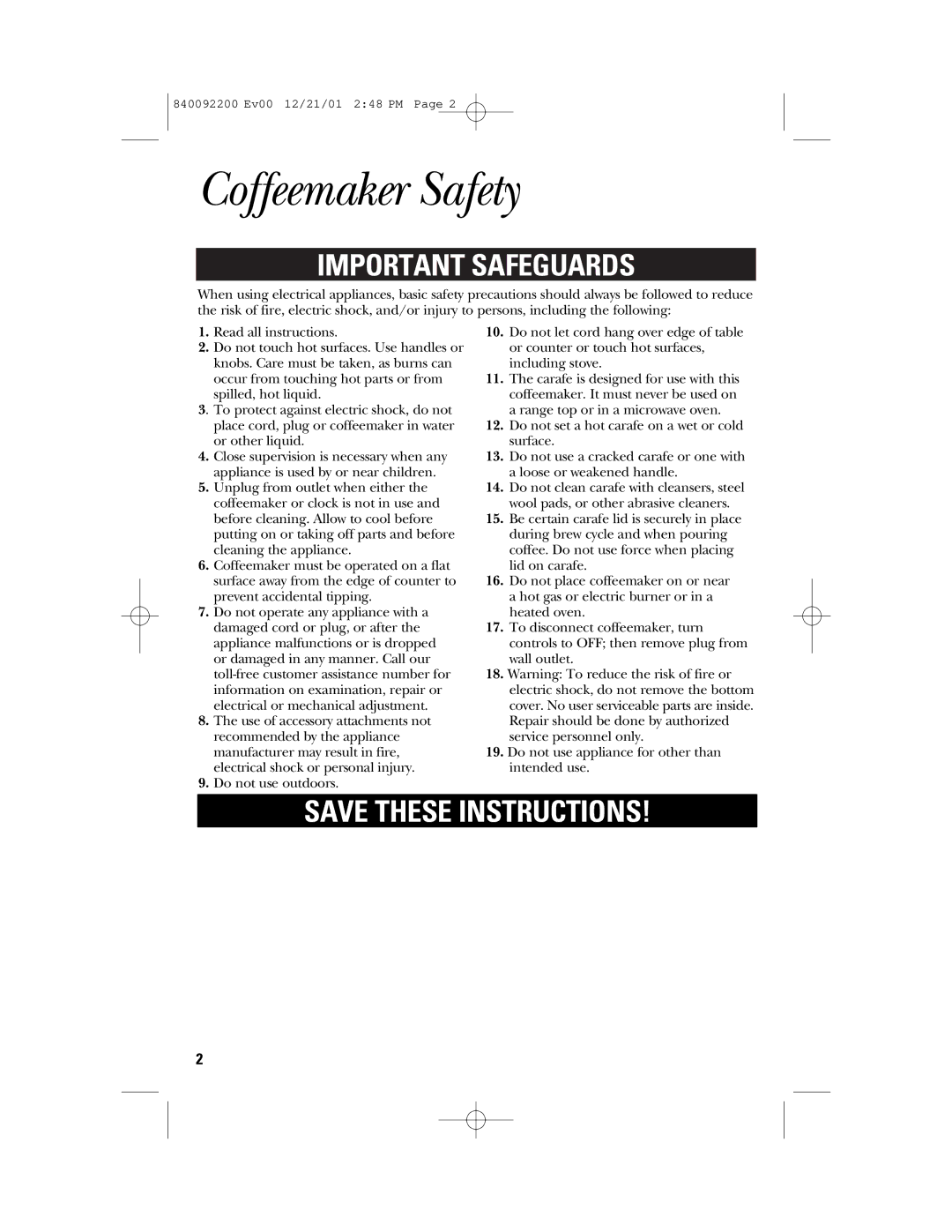 GE 840092200, 106721 manual Coffeemaker Safety, Important Safeguards 