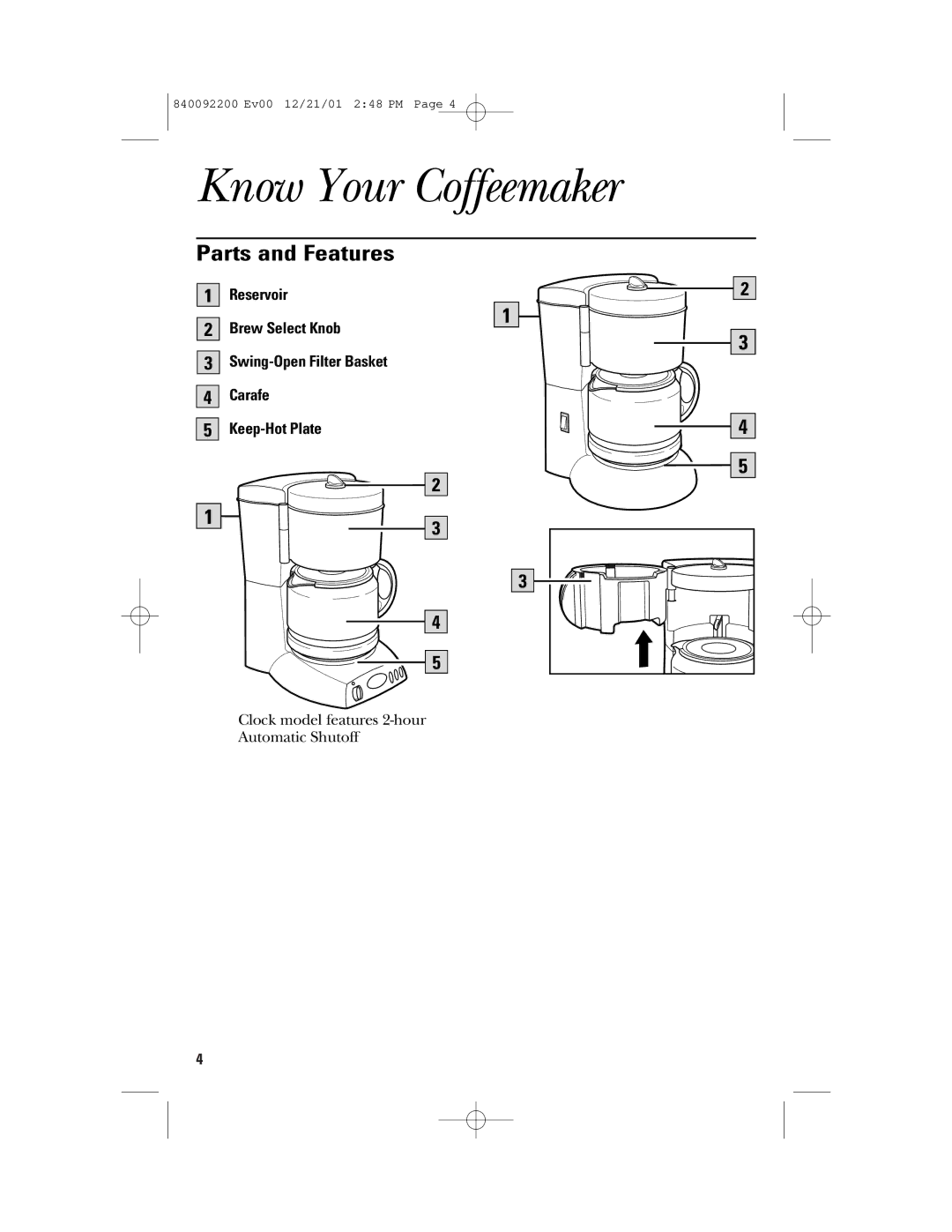 GE 840092200, 106721 manual Know Your Coffeemaker, Parts and Features 