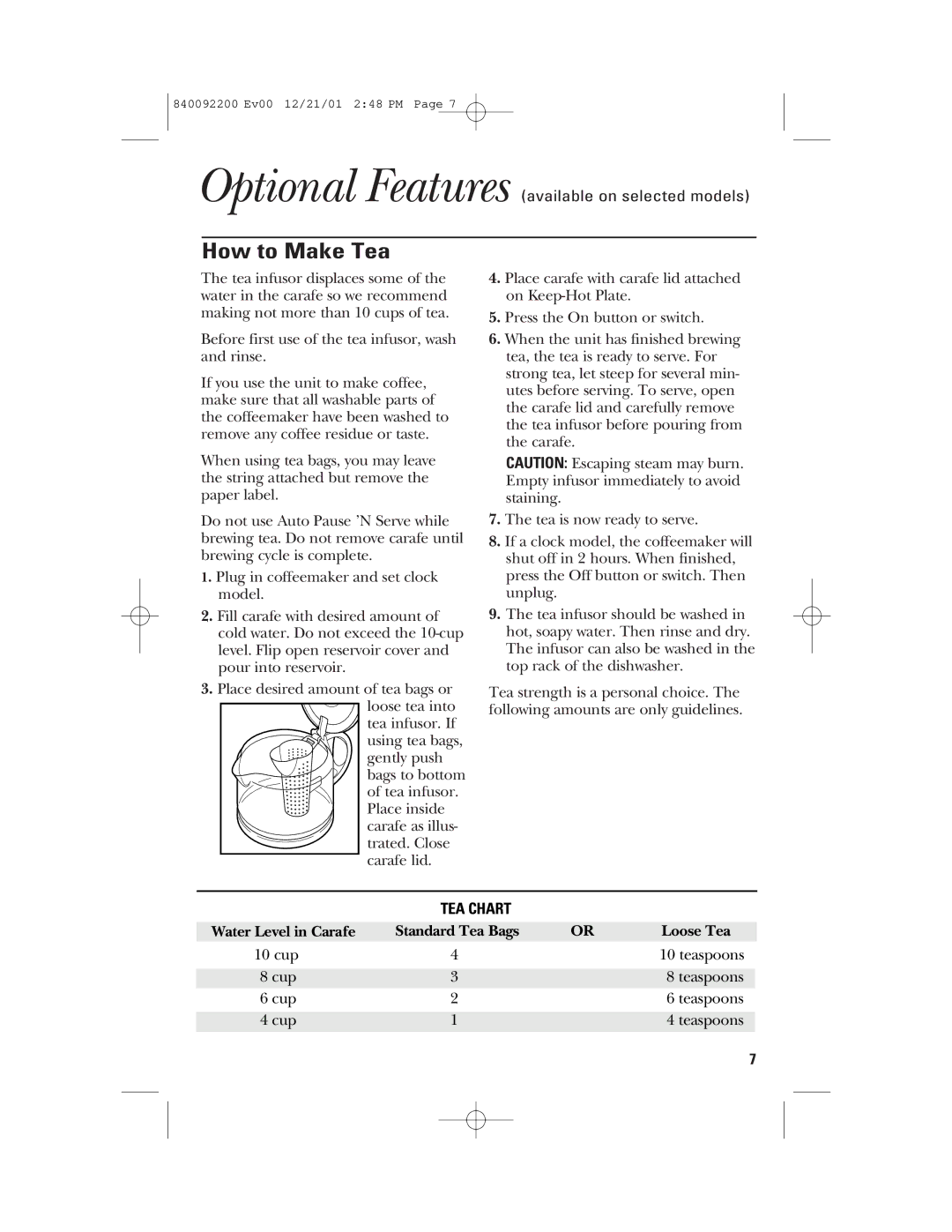 GE 106721, 840092200 manual How to Make Tea, Optional Features available on selected models 