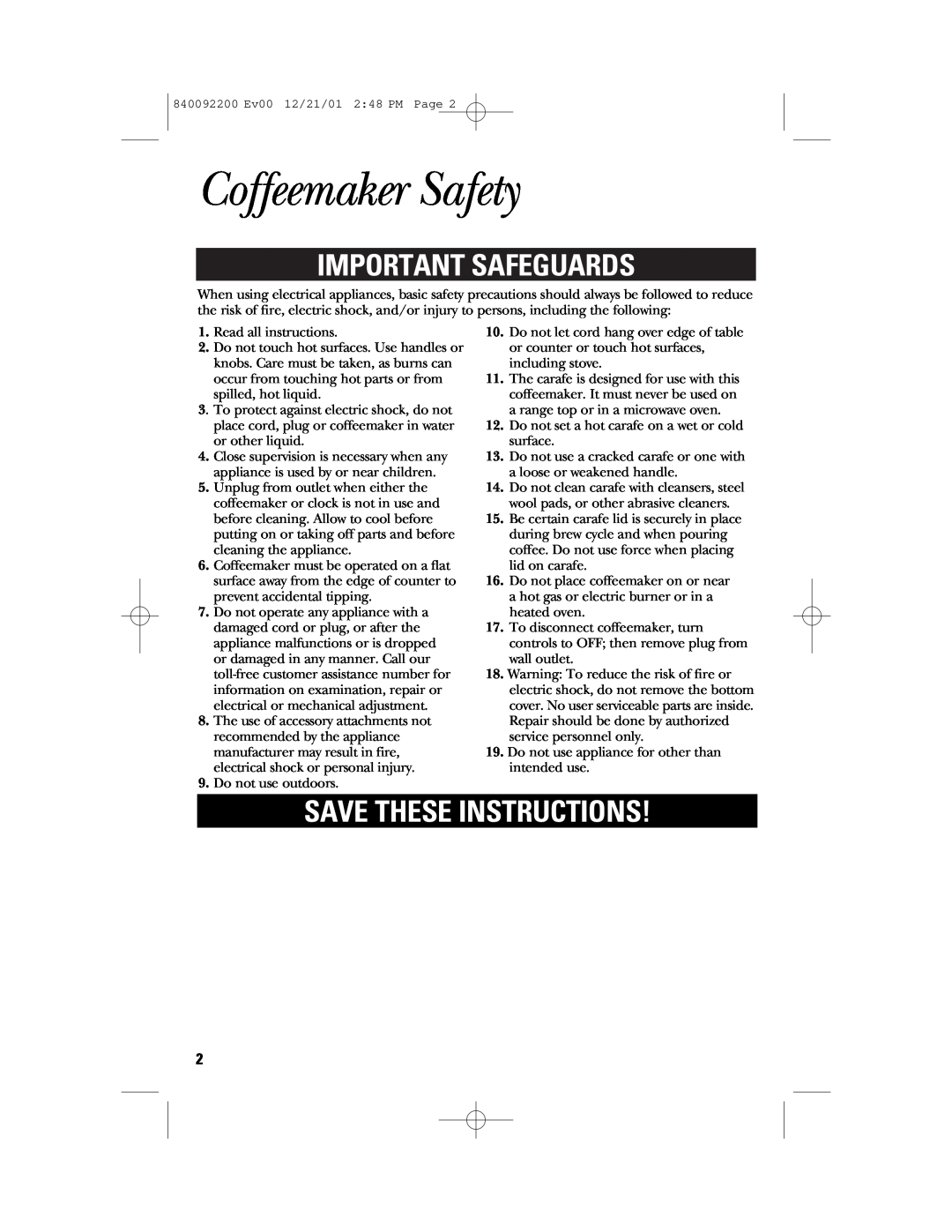 GE 840092200, 106721 manual Coffeemaker Safety, Important Safeguards, Save These Instructions 