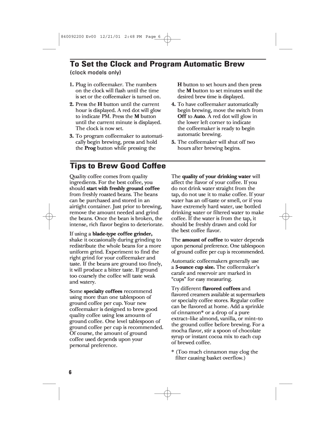 GE 840092200, 106721 manual To Set the Clock and Program Automatic Brew, Tips to Brew Good Coffee 