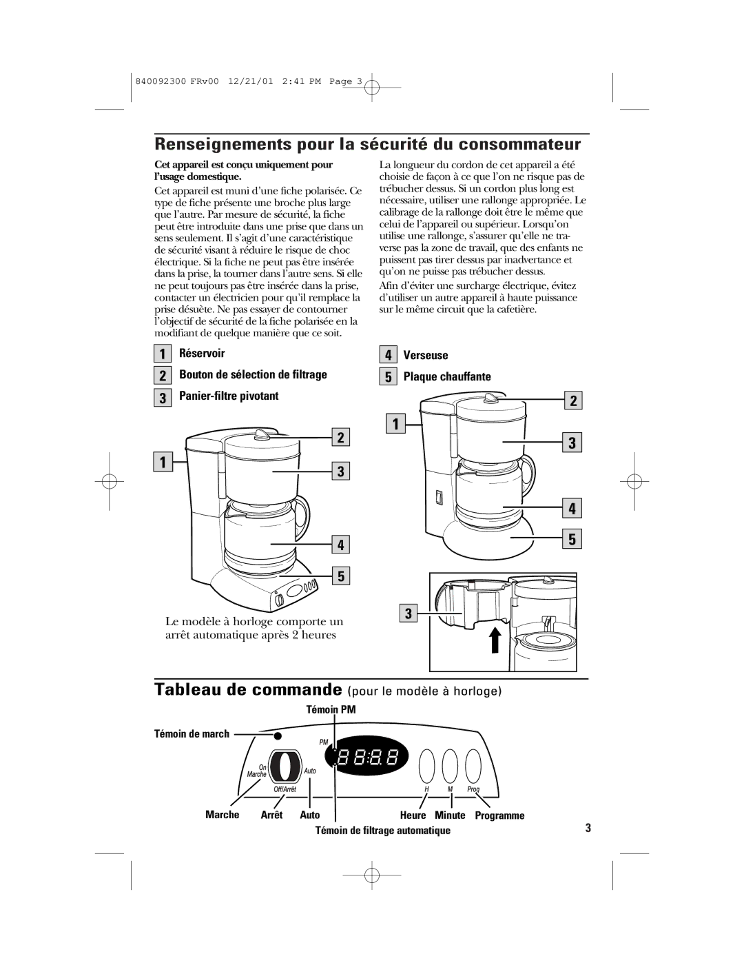 GE 106804, 840092300 manual Renseignements pour la sécurité du consommateur, Tableau de commande pour le modèle à horloge 