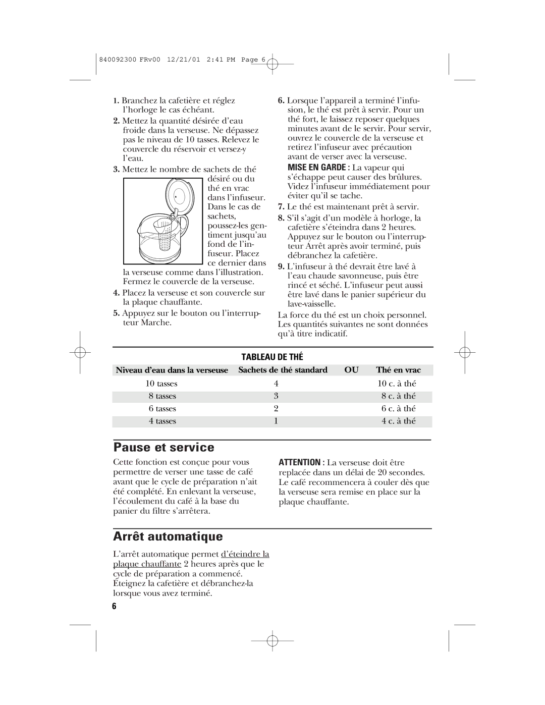 GE 840092300, 106804 manual Pause et service, Arrêt automatique 