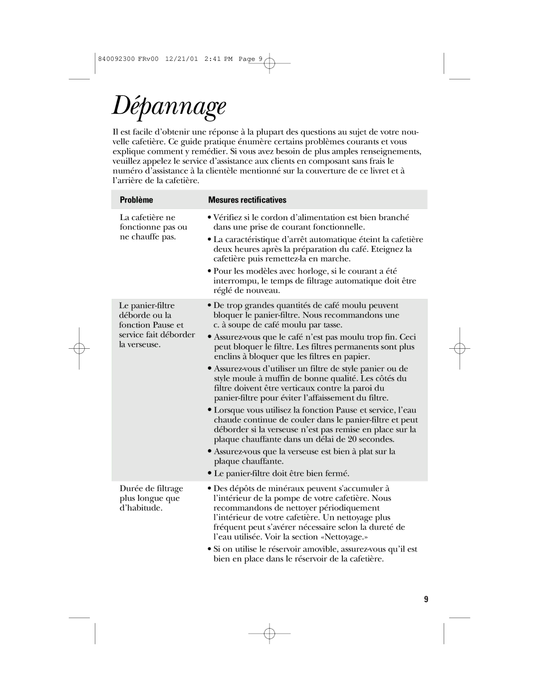 GE 106804, 840092300 manual Dépannage, Problème 