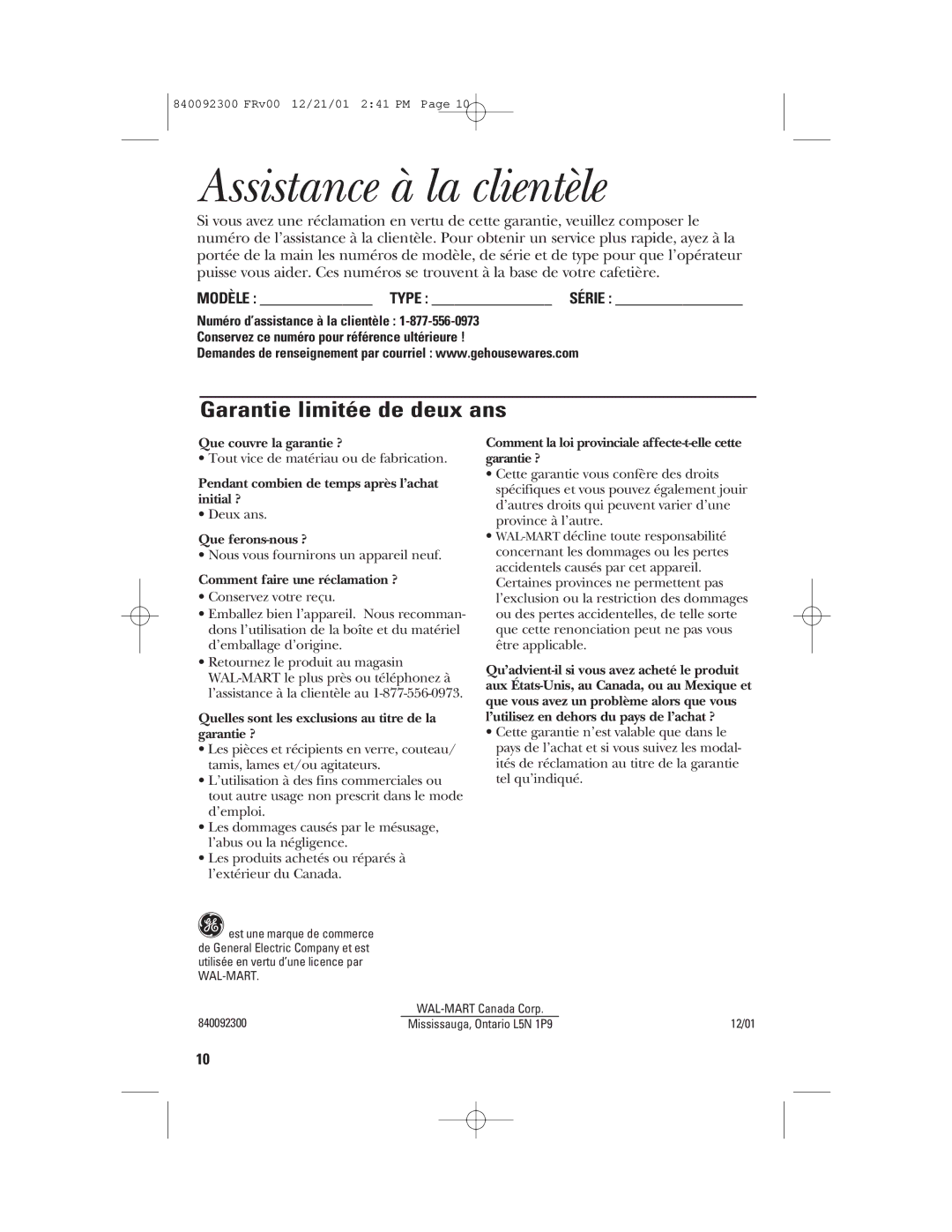 GE 840092300, 106804 manual Assistance à la clientèle, Garantie limitée de deux ans 