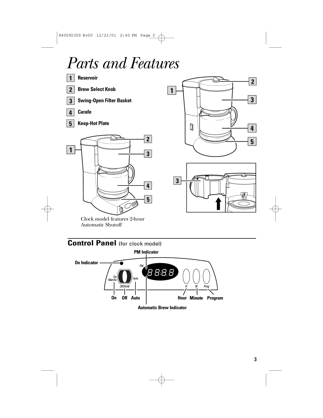 GE 106804, 840092300 manual Parts and Features, Control Panel for clock model 