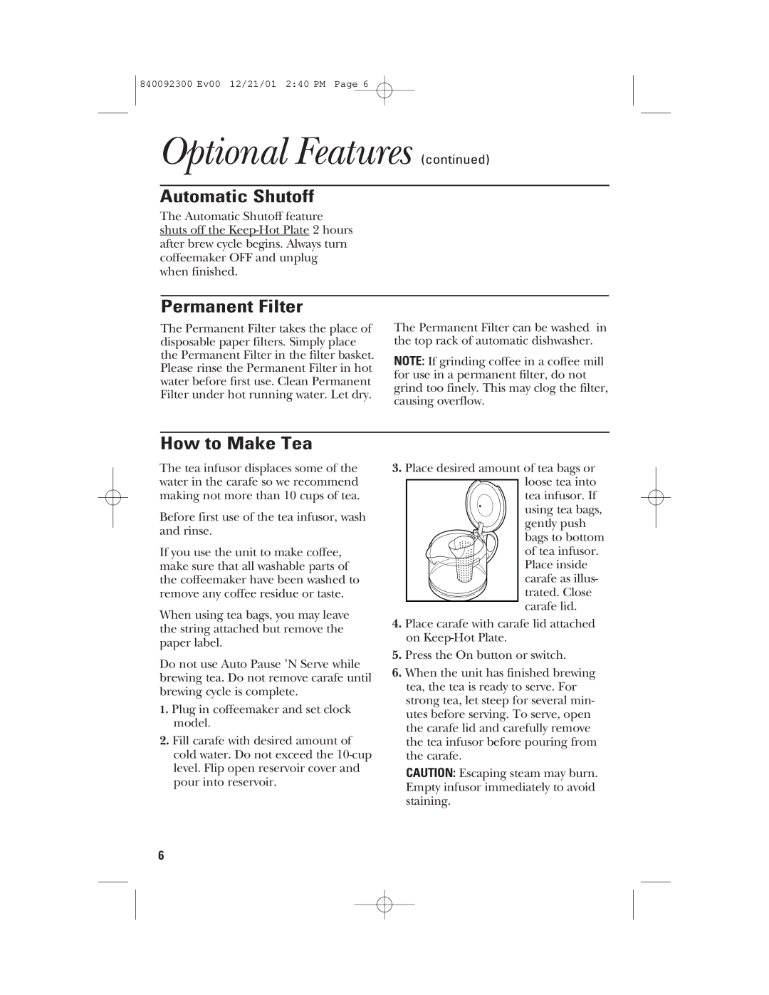 GE 840092300, 106804 manual Optional Features, Automatic Shutoff, Permanent Filter, How to Make Tea 
