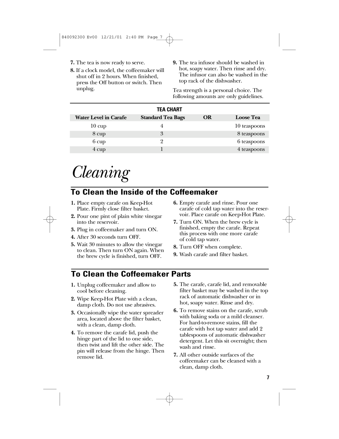 GE 106804, 840092300 manual Cleaning, To Clean the Inside of the Coffeemaker, To Clean the Coffeemaker Parts 