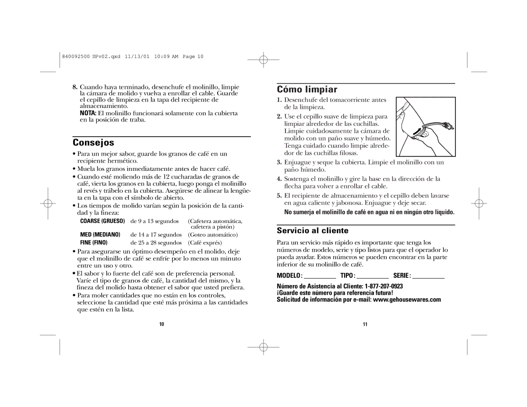 GE 169028, 840092500 manual Consejos, Cómo limpiar, Servicio al cliente, Modelo Tipo Serie 