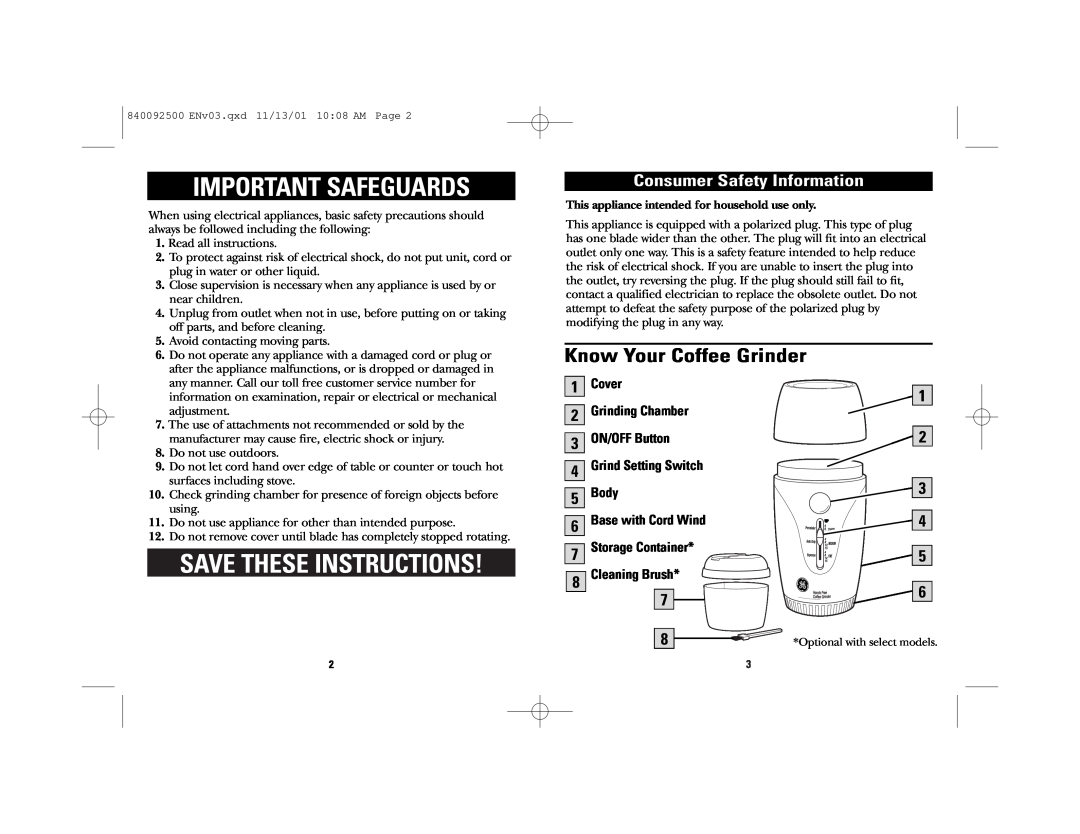 GE 840092500 Important Safeguards, Save These Instructions, Consumer Safety Information, 1 2, Know Your Coffee Grinder 