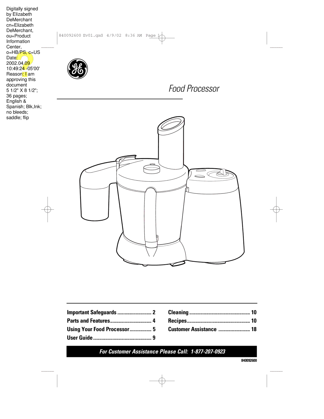 GE 840092600 manual Food Processor 