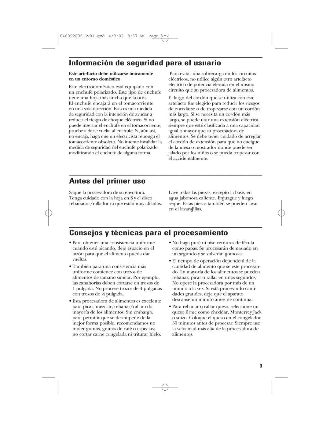 GE 840092600 Información de seguridad para el usuario, Antes del primer uso, Consejos y técnicas para el procesamiento 