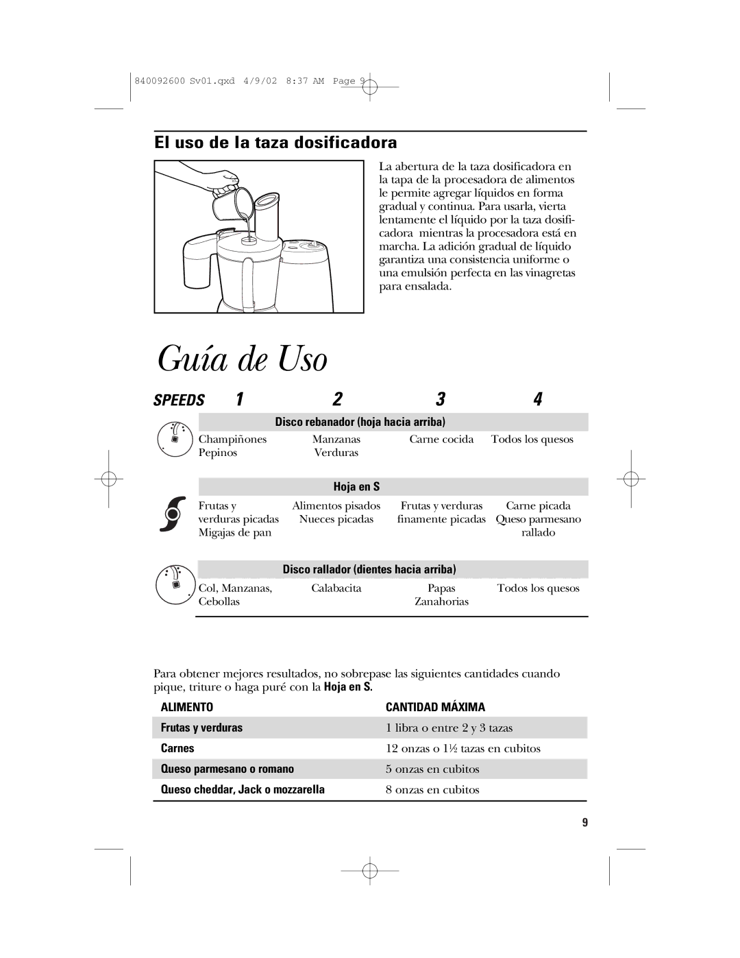 GE 840092600 manual Guía de Uso, El uso de la taza dosificadora, Alimento Cantidad Máxima 