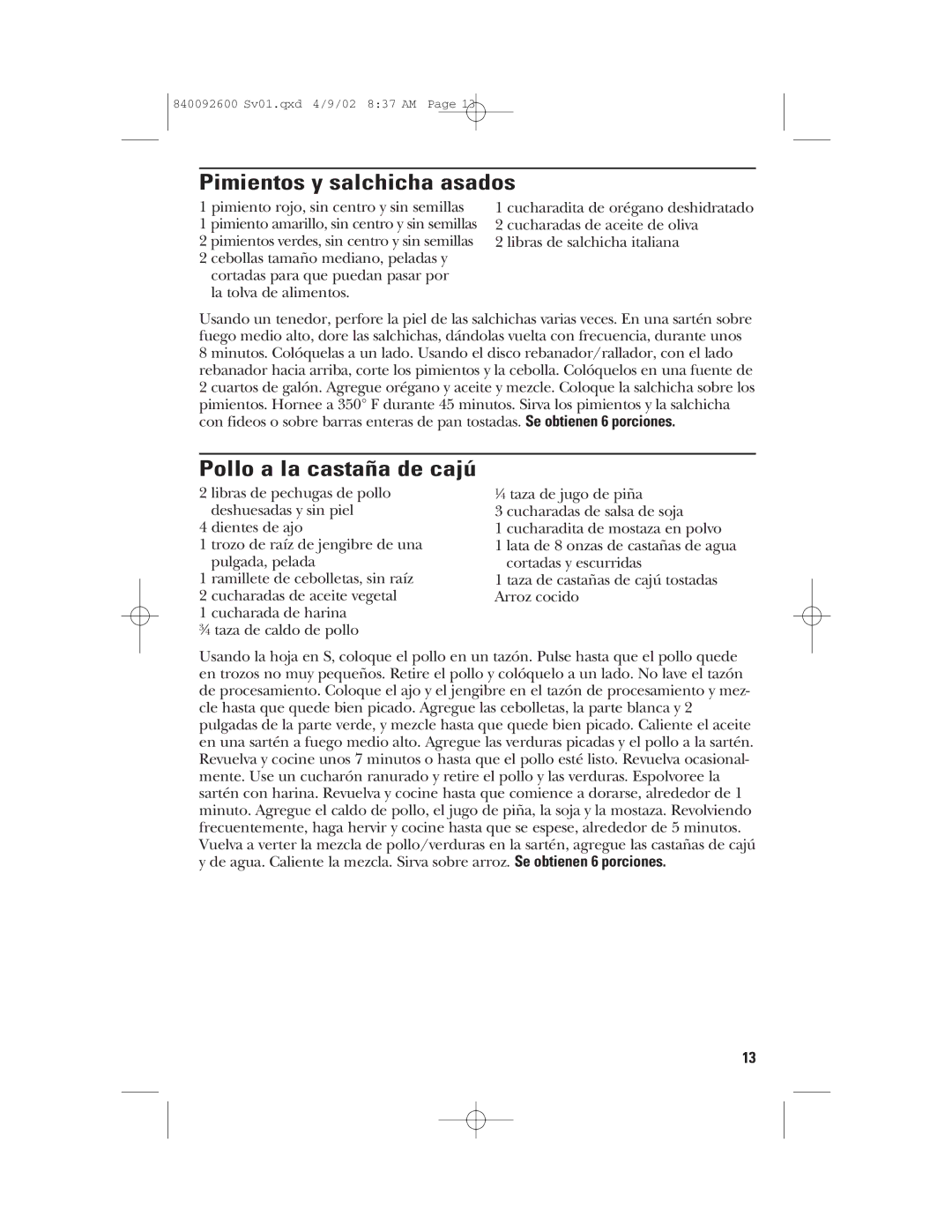 GE 840092600 manual Pimientos y salchicha asados, Pollo a la castaña de cajú 