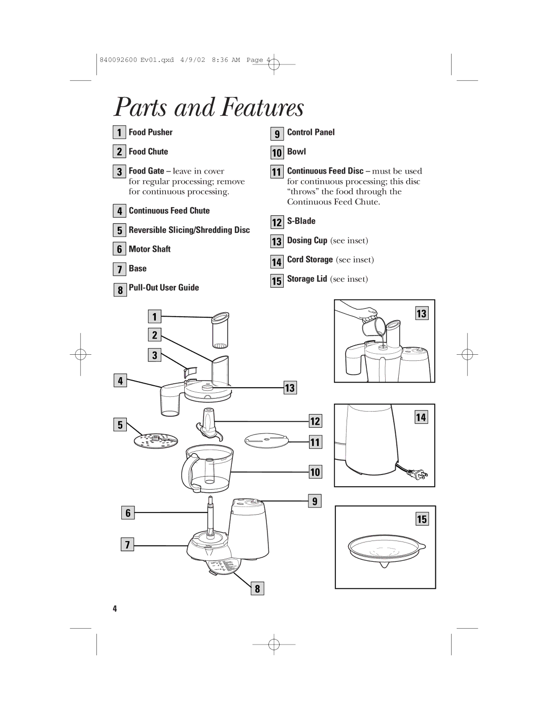 GE 840092600 manual Parts and Features, Food Pusher Control Panel Food Chute Bowl 