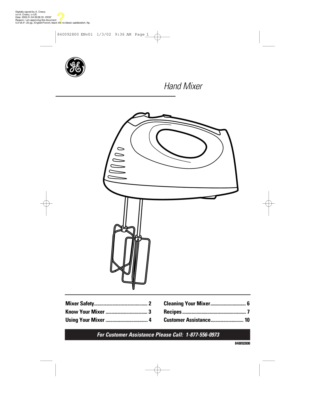 GE 106716, 840092800 manual Hand Mixer 