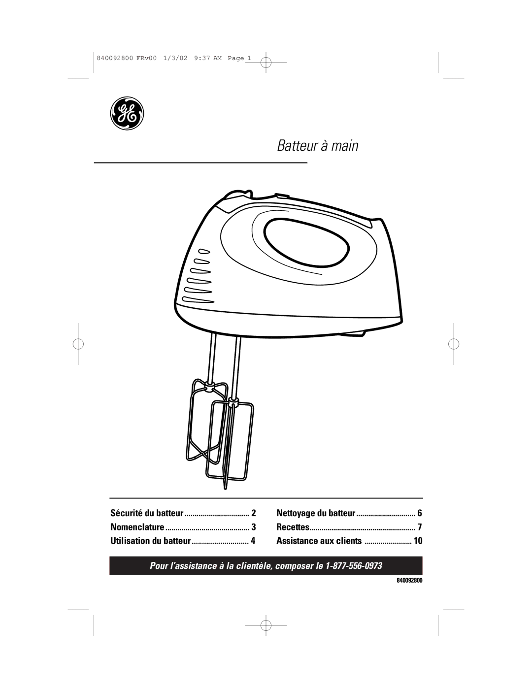 GE 106716, 840092800 manual Batteur à main 