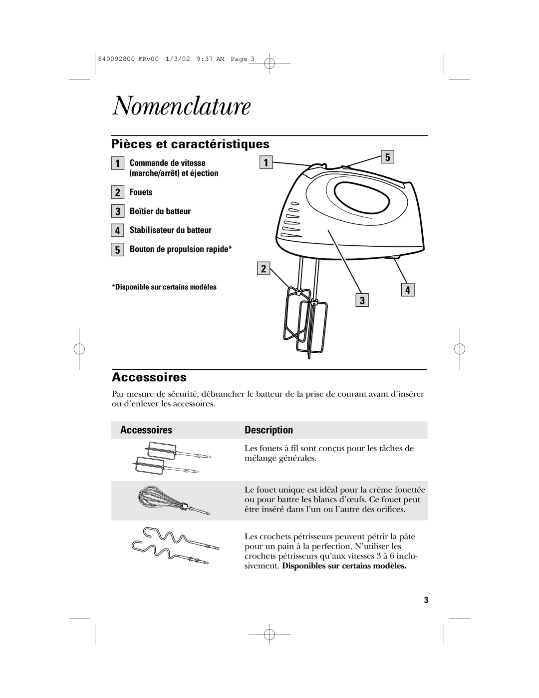 GE 106716, 840092800 manual Nomenclature, Pièces et caractéristiques, AccessoiresDescription 