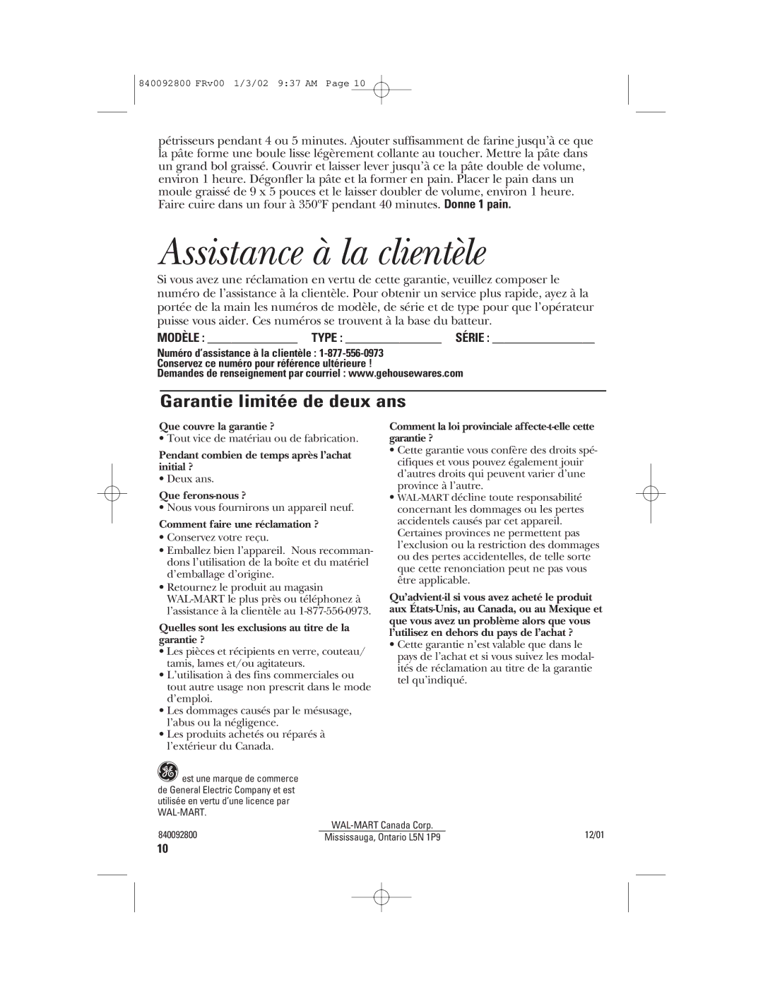 GE 840092800, 106716 manual Assistance à la clientèle, Garantie limitée de deux ans, Modèle Type Série 