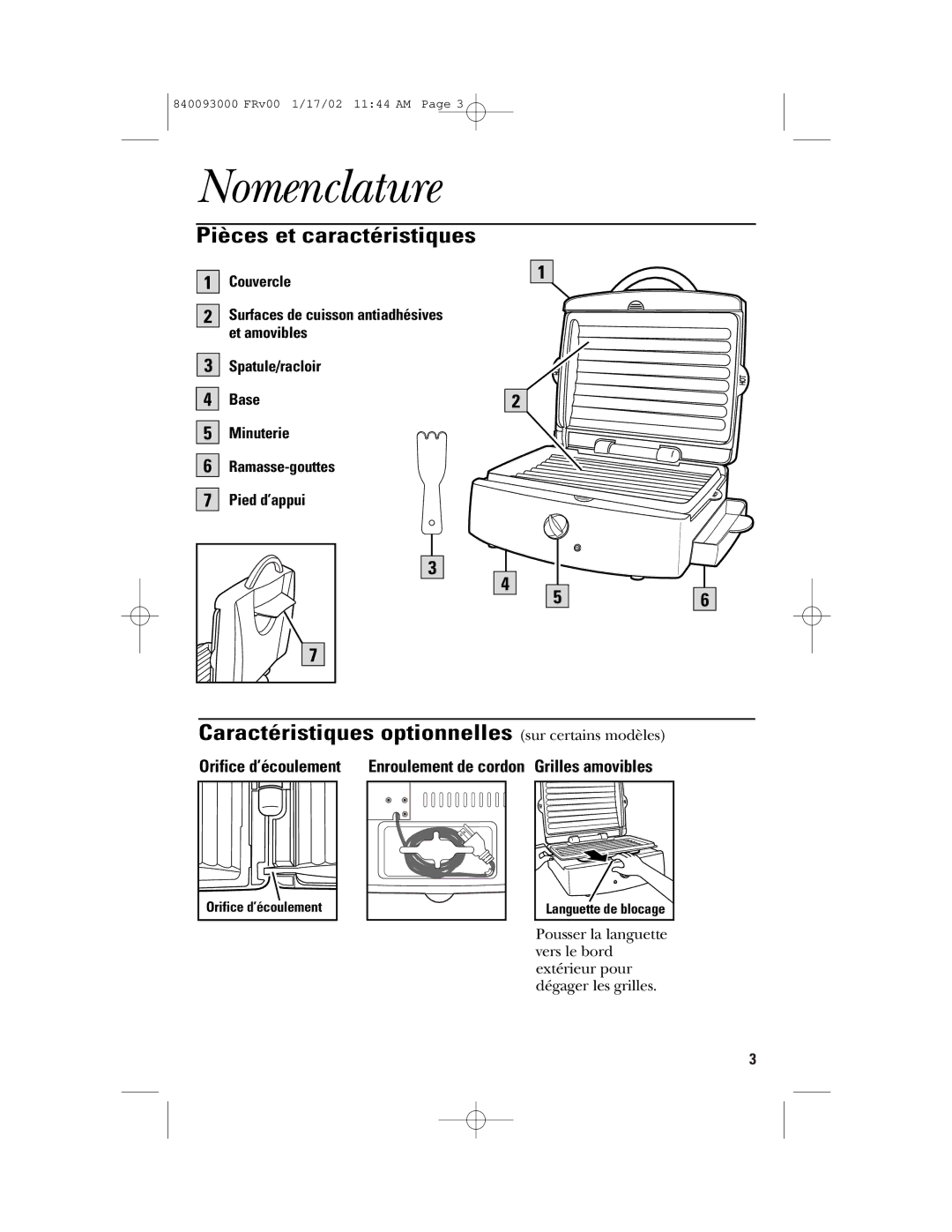 GE 106668, 840093000 manual Nomenclature, Pièces et caractéristiques, Caractéristiques optionnelles sur certains modèles 