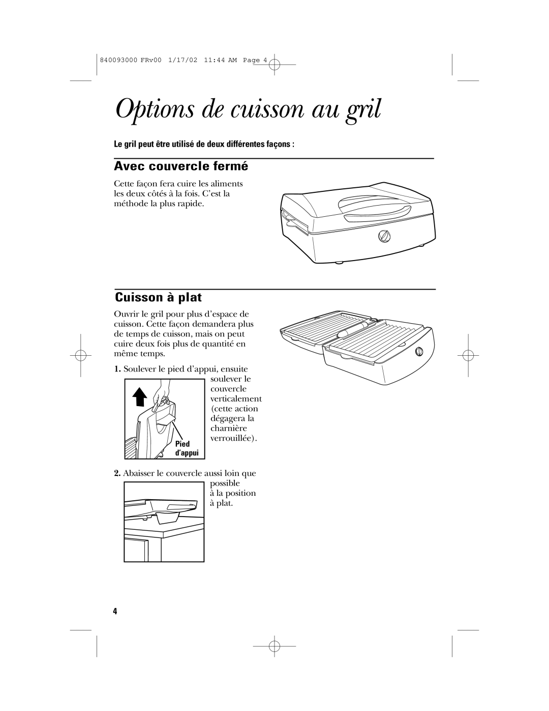 GE 840093000, 106668 manual Options de cuisson au gril, Avec couvercle fermé, Cuisson à plat 