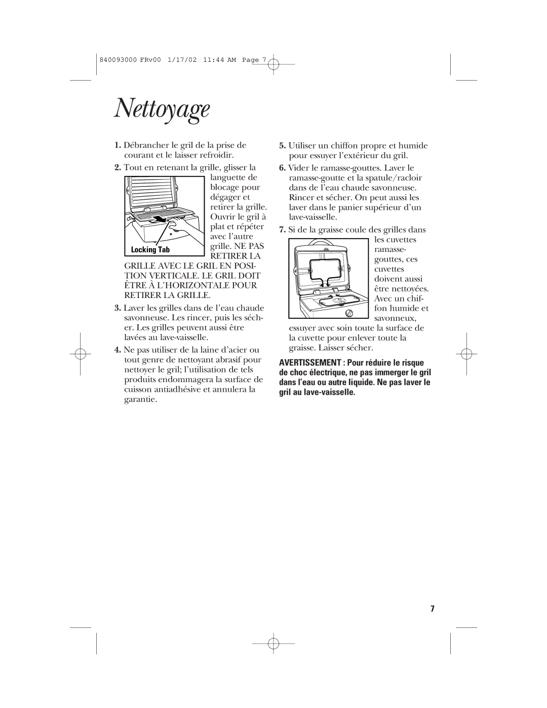 GE 106668, 840093000 manual Nettoyage 