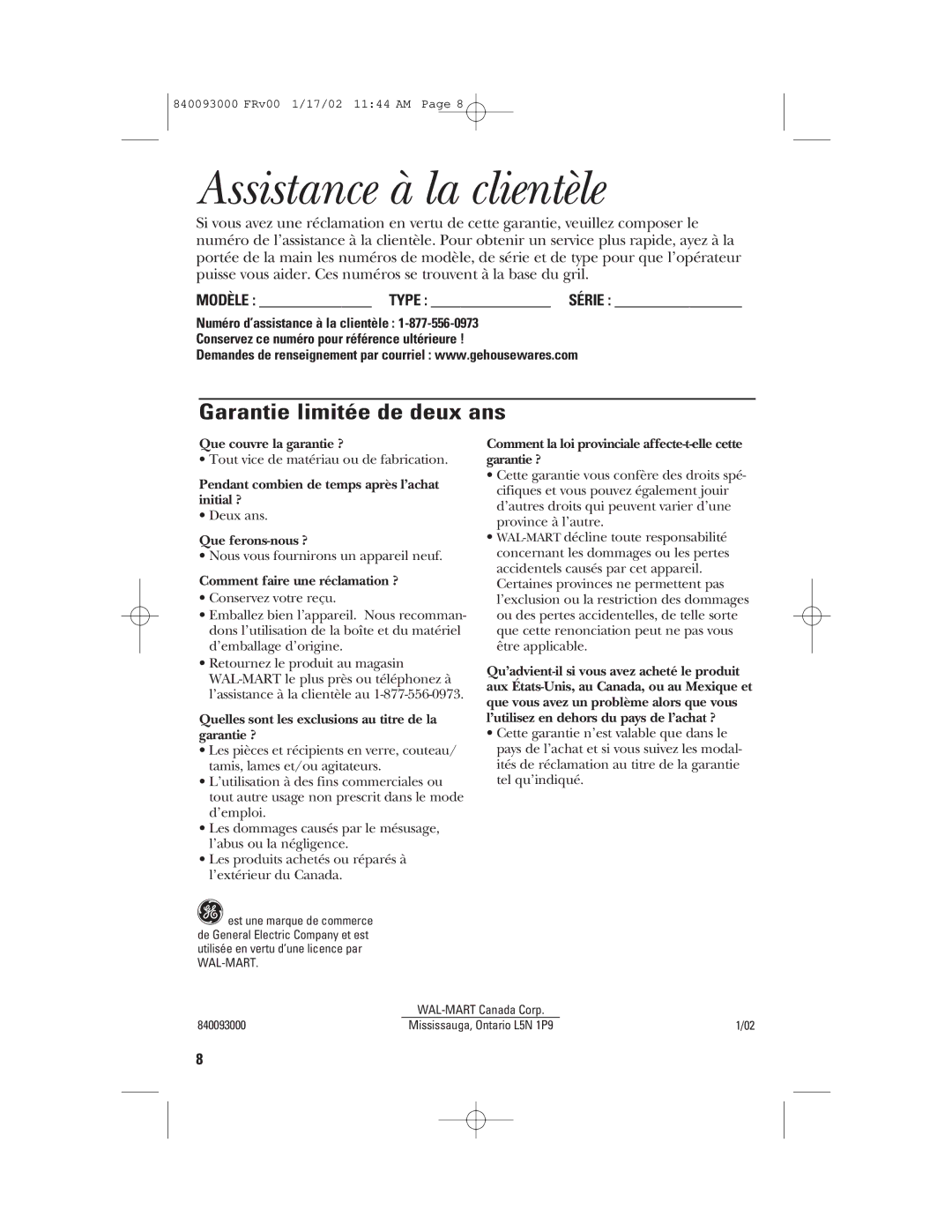 GE 840093000, 106668 manual Assistance à la clientèle, Garantie limitée de deux ans 