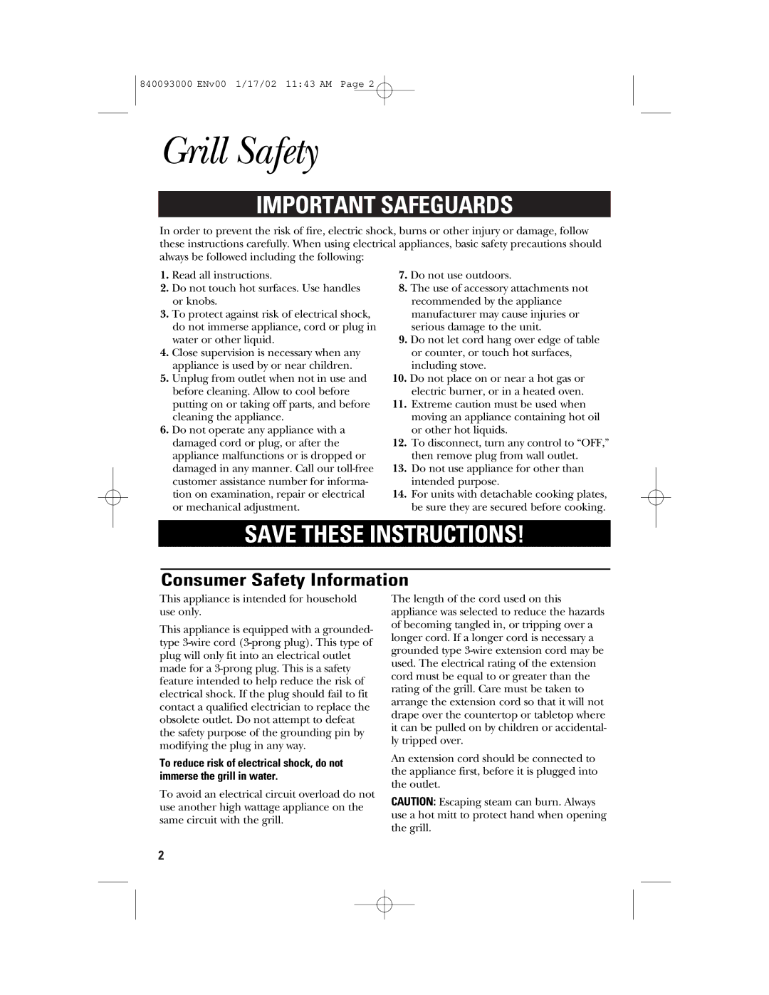 GE 840093000, 106668 manual Grill Safety, Consumer Safety Information 