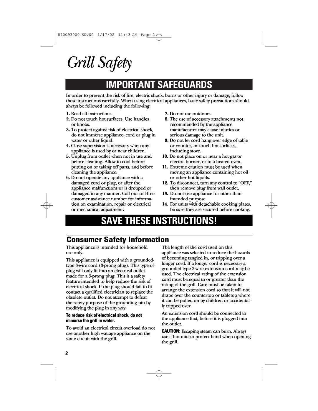 GE 840093000, 106668 manual Grill Safety, Important Safeguards, Save These Instructions, Consumer Safety Information 