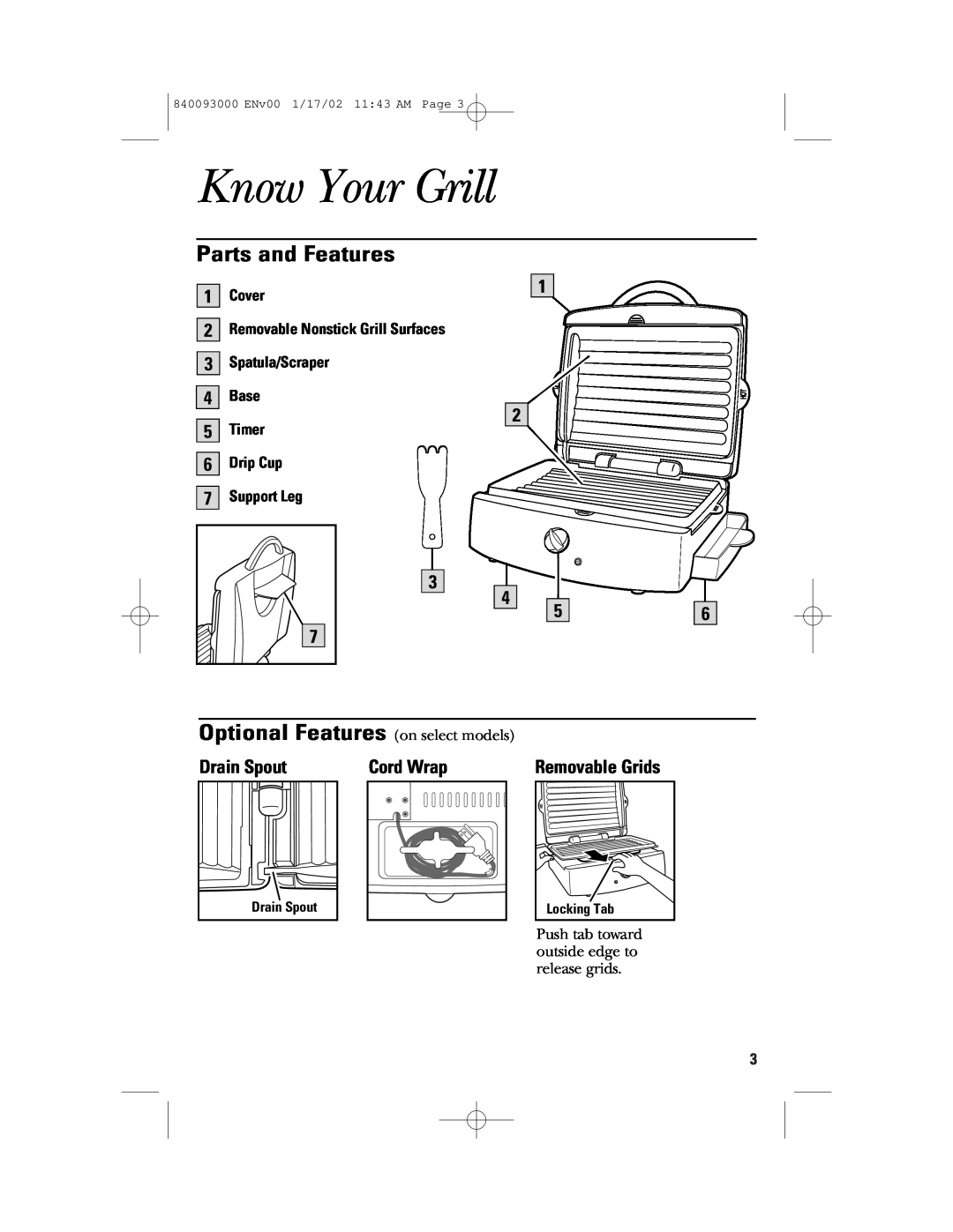 GE 106668 Know Your Grill, Parts and Features, Optional Features on select models, Drain Spout, Removable Grids, Cover 