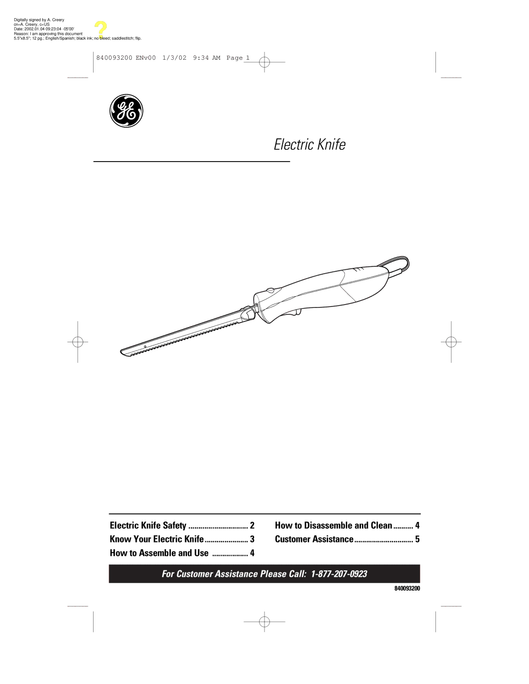 GE 106612, 840093200 manual Electric Knife 