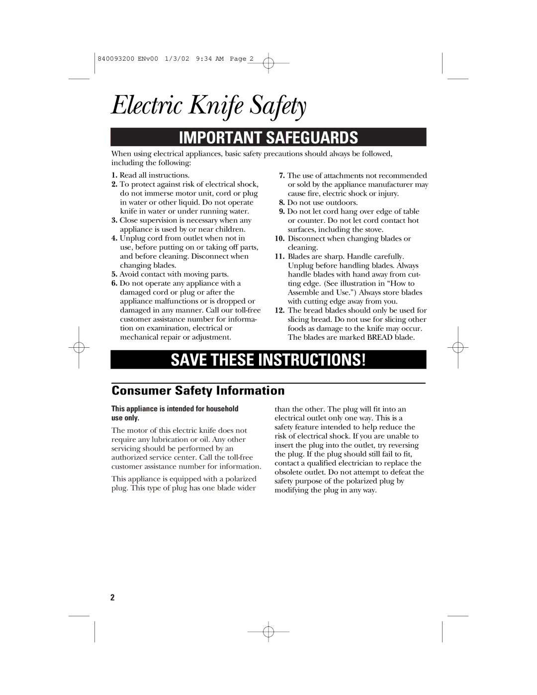 GE 840093200, 106612 manual Electric Knife Safety, Consumer Safety Information 