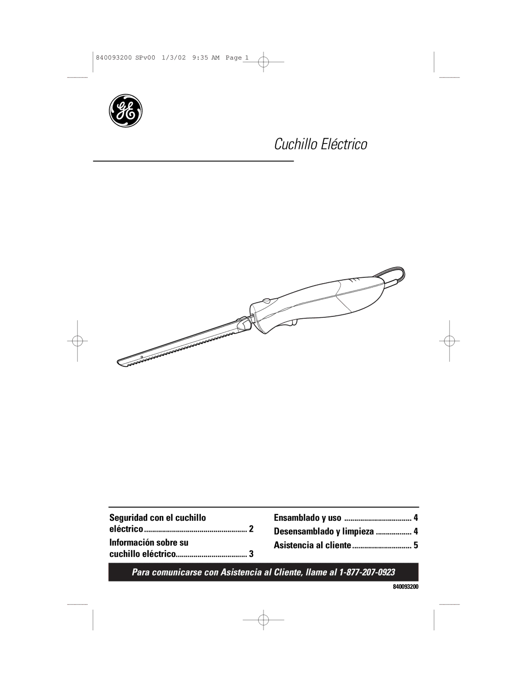 GE 106612, 840093200 manual Cuchillo Eléctrico 