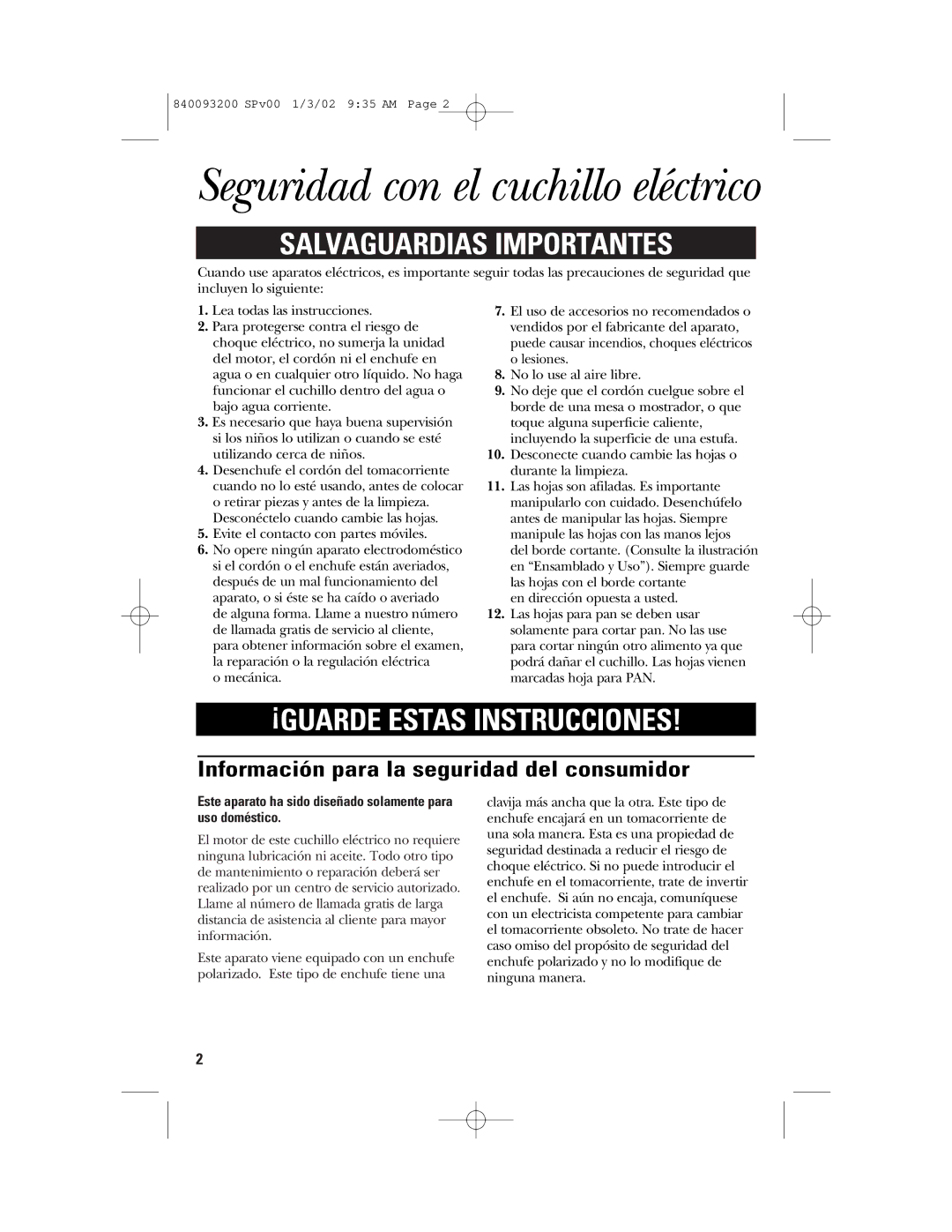 GE 840093200, 106612 manual Seguridad con el cuchillo eléctrico, Información para la seguridad del consumidor 