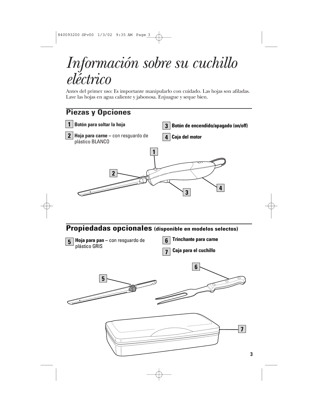 GE 106612, 840093200 manual Información sobre su cuchillo eléctrico, Piezas y Opciones 