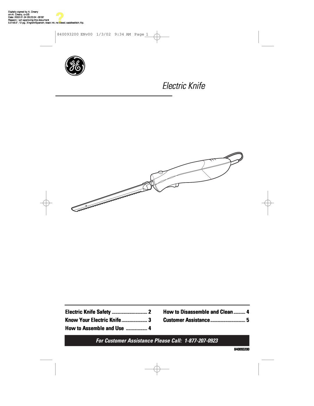 GE 106612 manual For Customer Assistance Please Call, Electric Knife Safety, Know Your Electric Knife, 840093200 