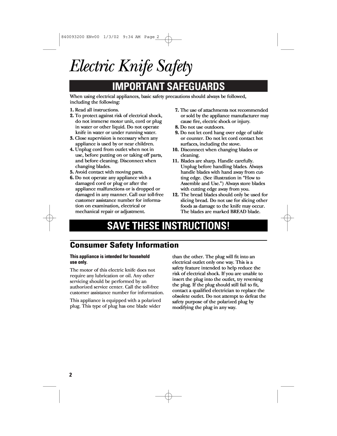 GE 840093200, 106612 Electric Knife Safety, Important Safeguards, Save These Instructions, Consumer Safety Information 