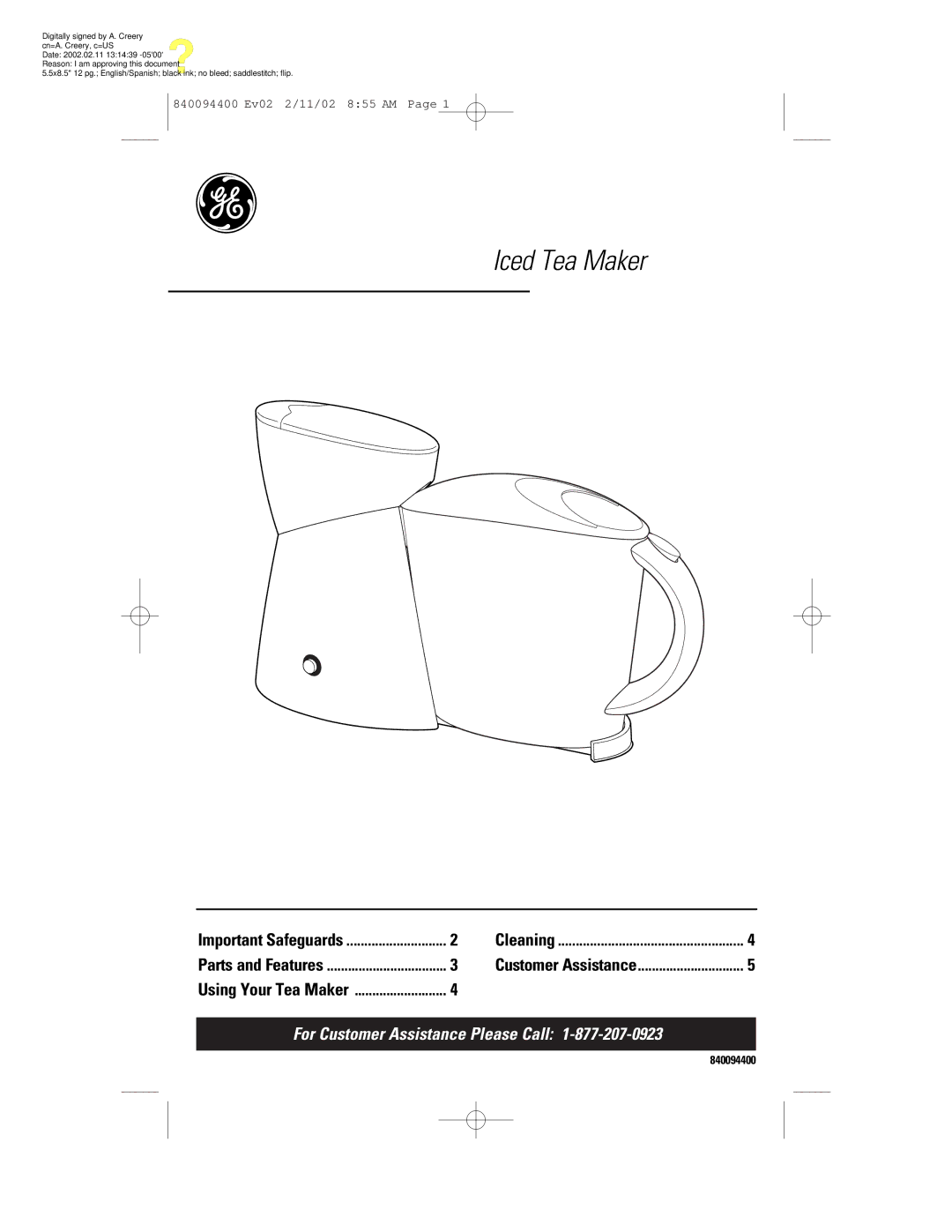 GE 106824, 840094400 manual Iced Tea Maker 