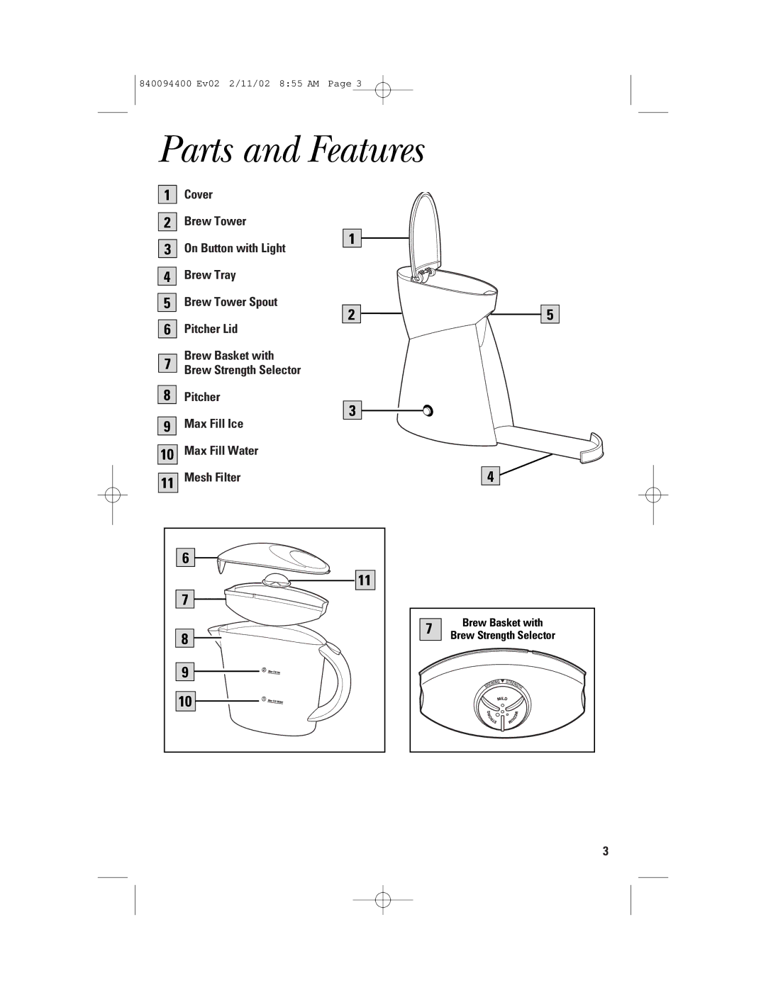 GE 106824, 840094400 manual Parts and Features 